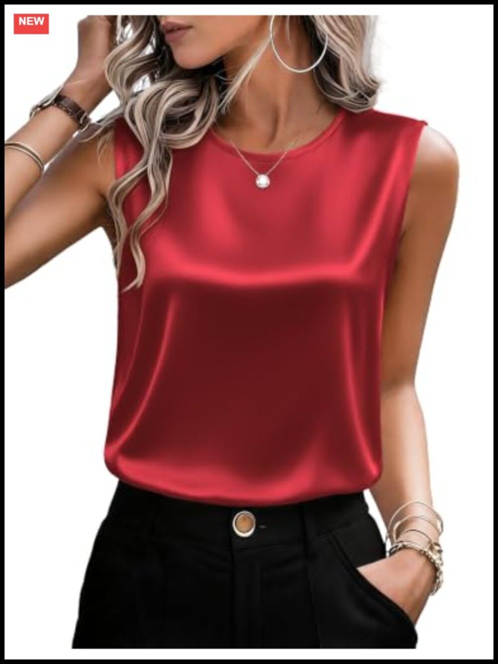 Satin Tank Top Sleeveless Crew Neck Flowy Fit Dressy Casual Work Blouse